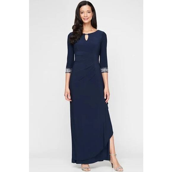 ALEX EVENINGS NEW Navy Long Embellished Keyhole Dress Size 10 - Picture 1 of 9